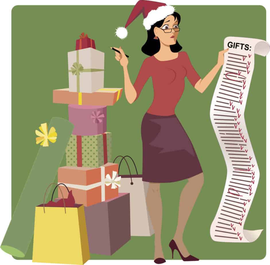 Woman with a long gift list and lots of presents