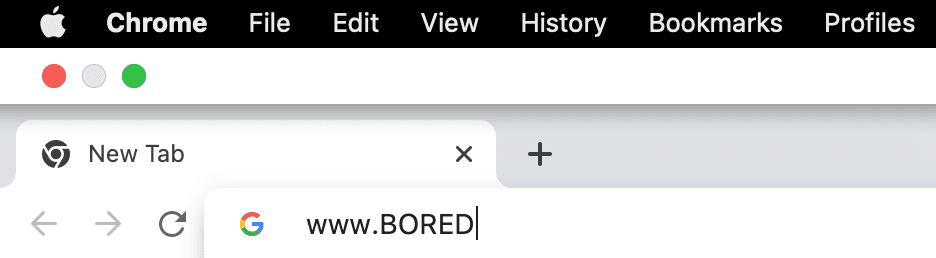 Screenshot of new tab with www.BORED in search bar