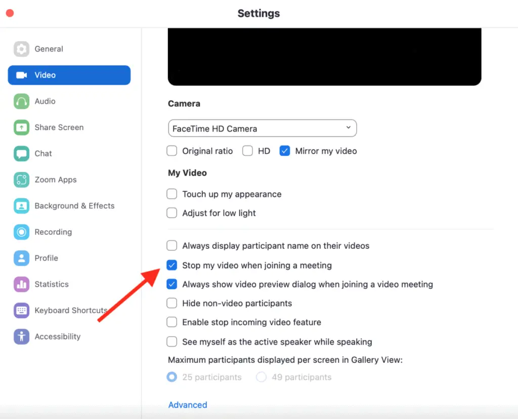 On video tab in Zoom setting, a red arrow pointing to "Stop my video when joining a meeting"