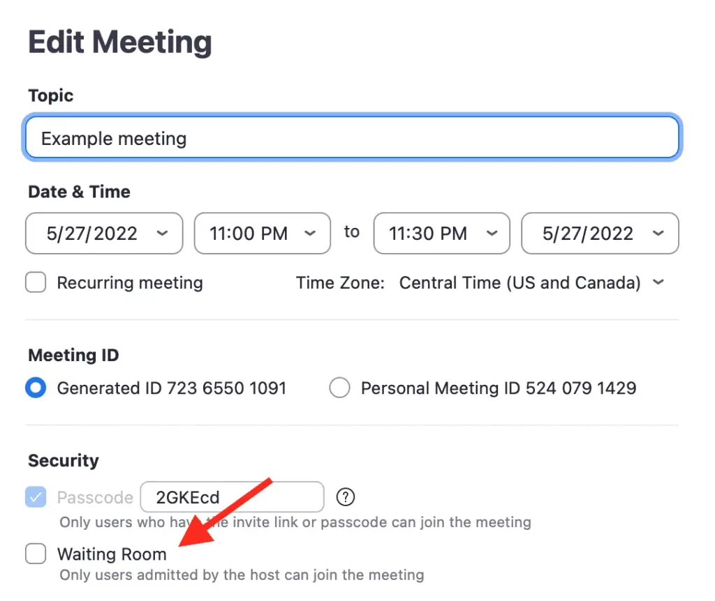 Zoom schedule a meeting page with a red arrow pointing to the “Enable waiting room” being unchecked