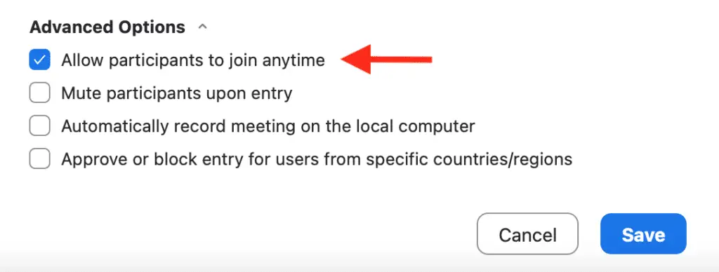 Zoom schedule a meeting advanced options page with a red arrow pointing to “Enable join before host” being checked