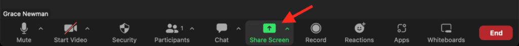 Zoom toolbar with a red arrow pointing to "Share screen"
