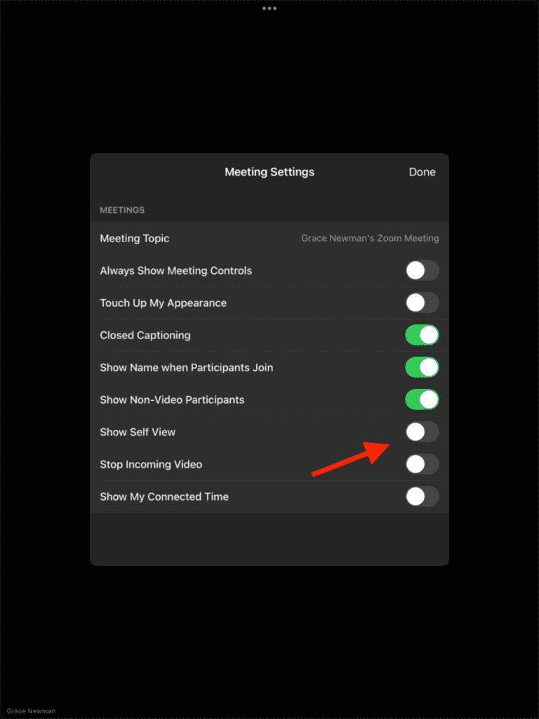 Meeting Settings on iPad with a red arrow pointing to "Show Self View"