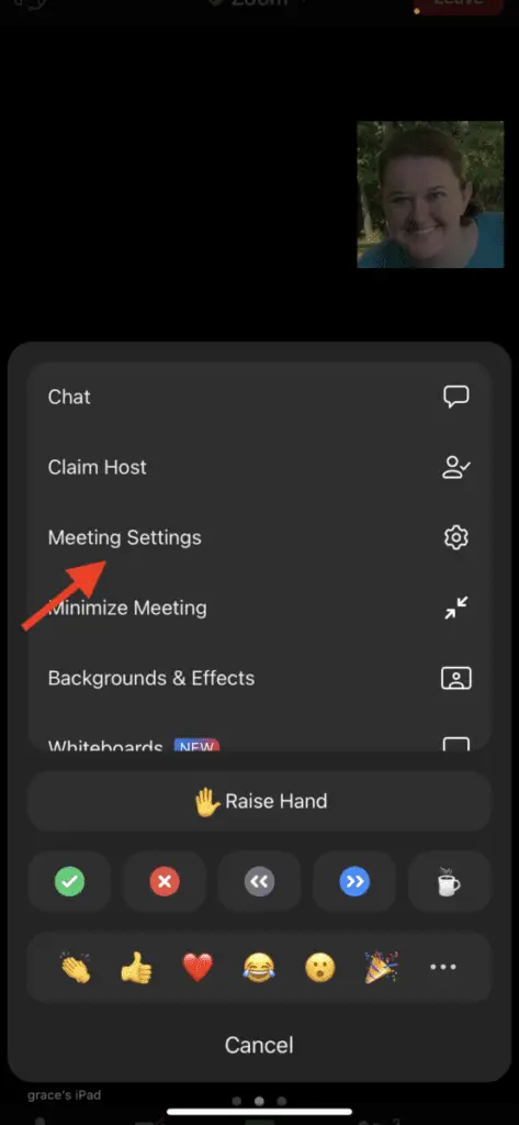 More option on Zoom on phone with a red arrow pointing to "Meetings Settings"