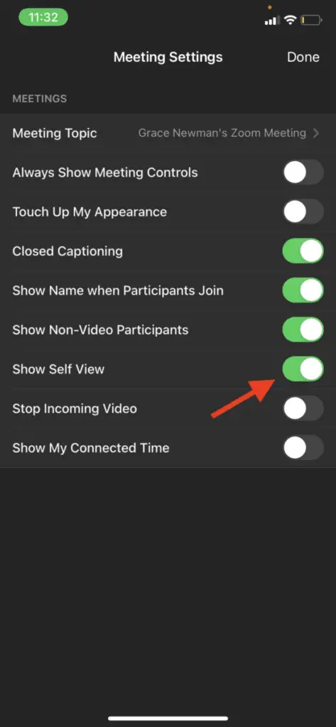 On phone Meeting Settings on Zoom with a red arrow pointing to "Show Self View"