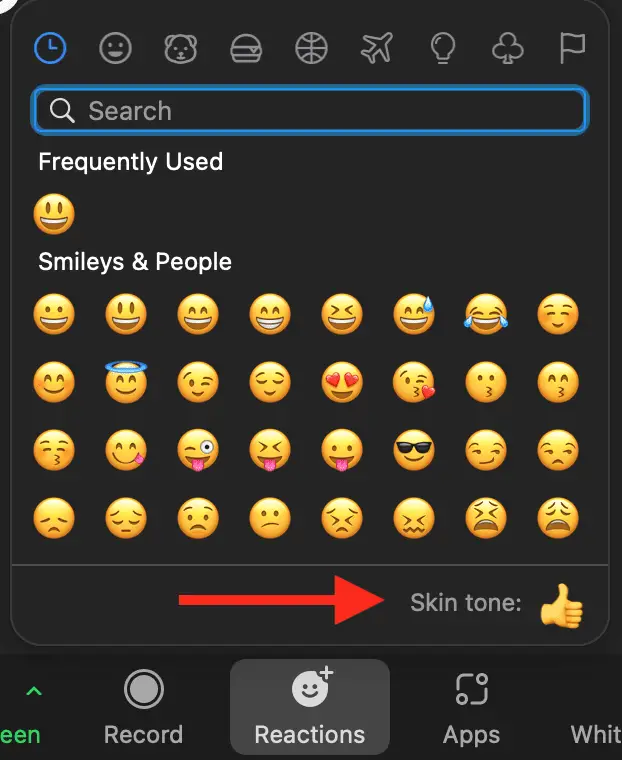 On Zoom under the emoji options, a red arrow pointing to "Skin tone"