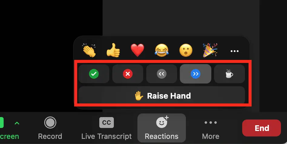 The Zoom reactions with a red box around the nonverbal feedback options: Yes, No, Slow down, Speed up, a coffee cup to indicate "I'm away", and the Raise hand button