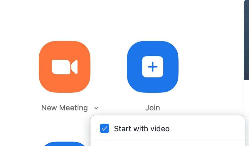 Zoom dashboard click down arrow by New Meeting button with the "Start with video" option checked