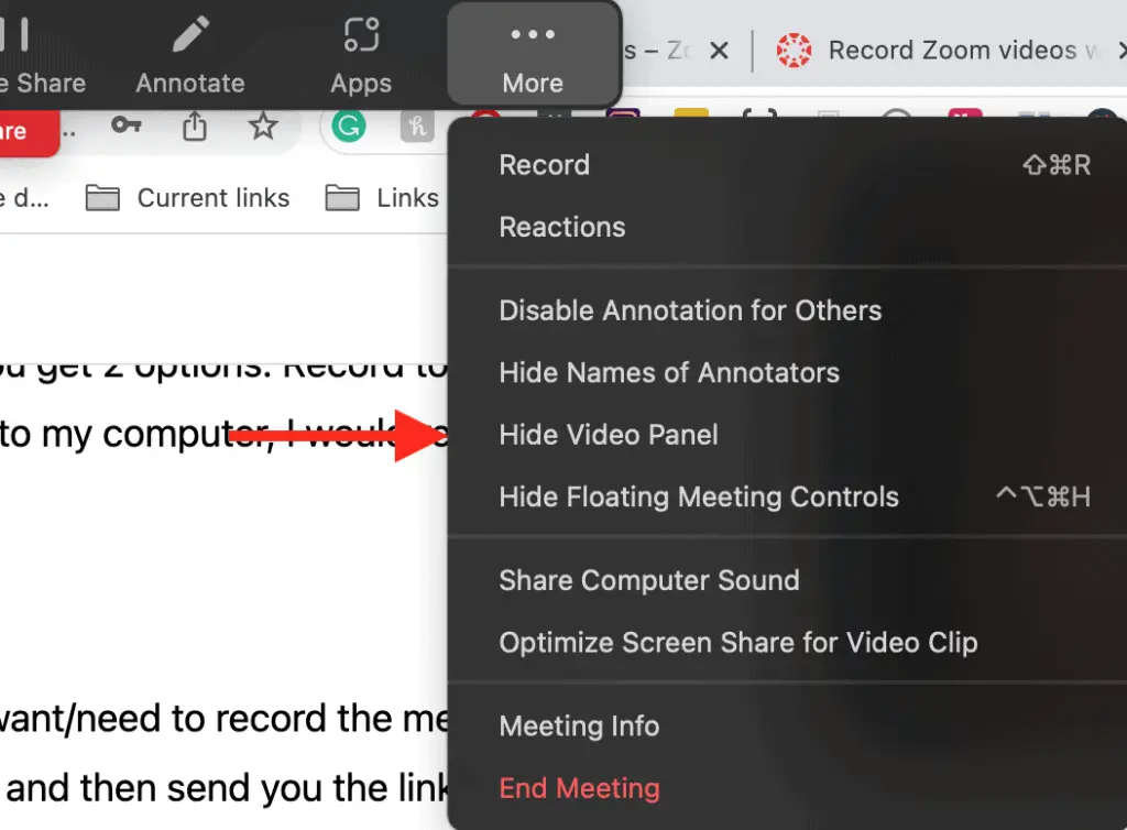 "More" dropdown list on the Zoom screen sharing toolbar with a red arrow pointing to "Hide Video Panel"