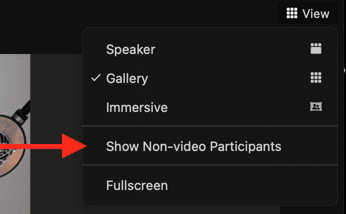 View dropdown list on Top Right of Zoom with a red arrow pointing to "Show Non-video Participants"