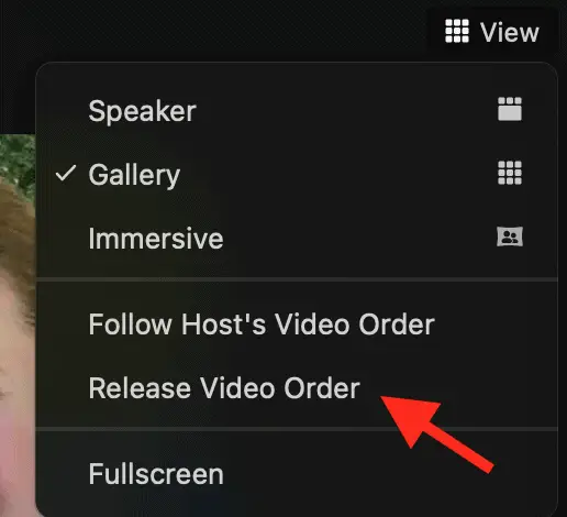 View dropdown list on Zoom with a red arrow pointing to "Release video order"