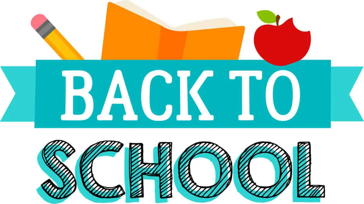 Clip Art with a book, apple, and pencil and the words "Back to School"