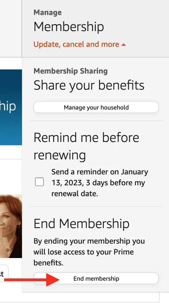 Prime Membership page with a red arrow pointing to "End Membership"