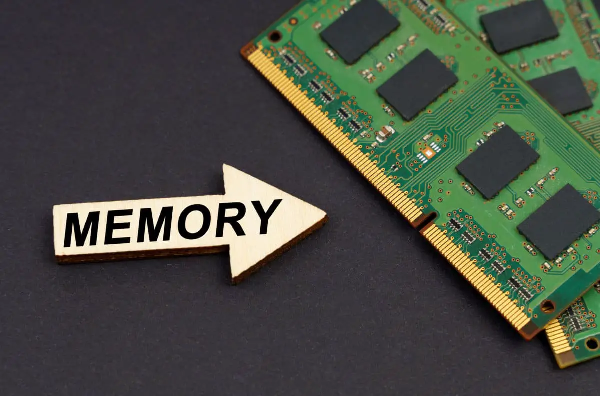 Technology and computer concept. On the black surface lies RAM and an arrow with the inscription - Memory