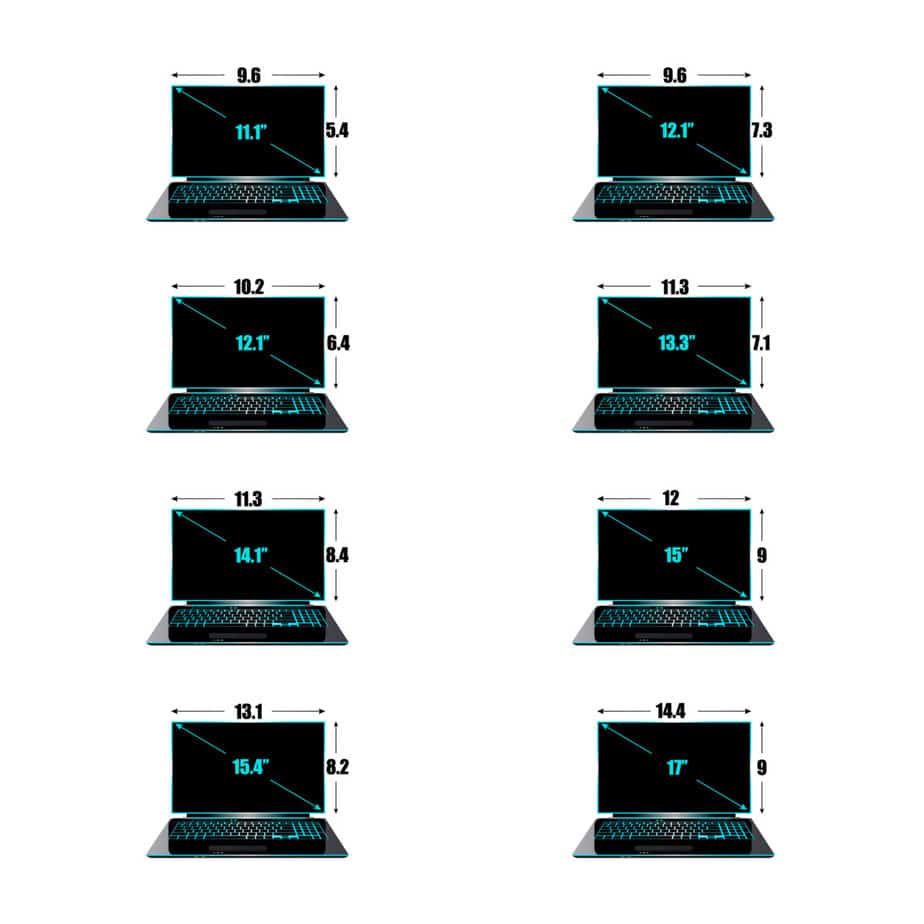 Set of the sizes of a matrix of laptops inches, height and width.