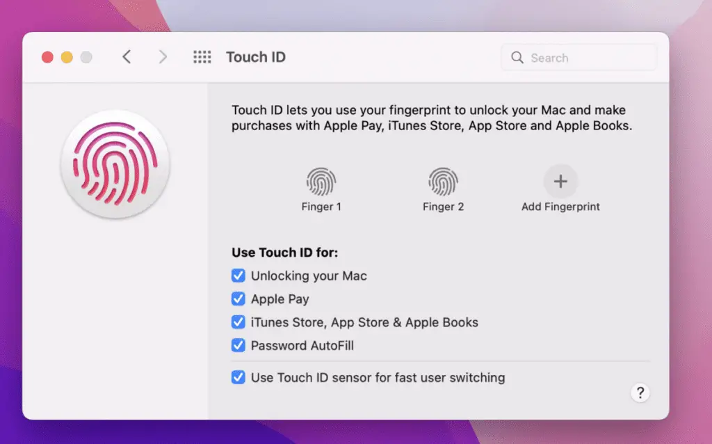 Mac Touch ID page settings