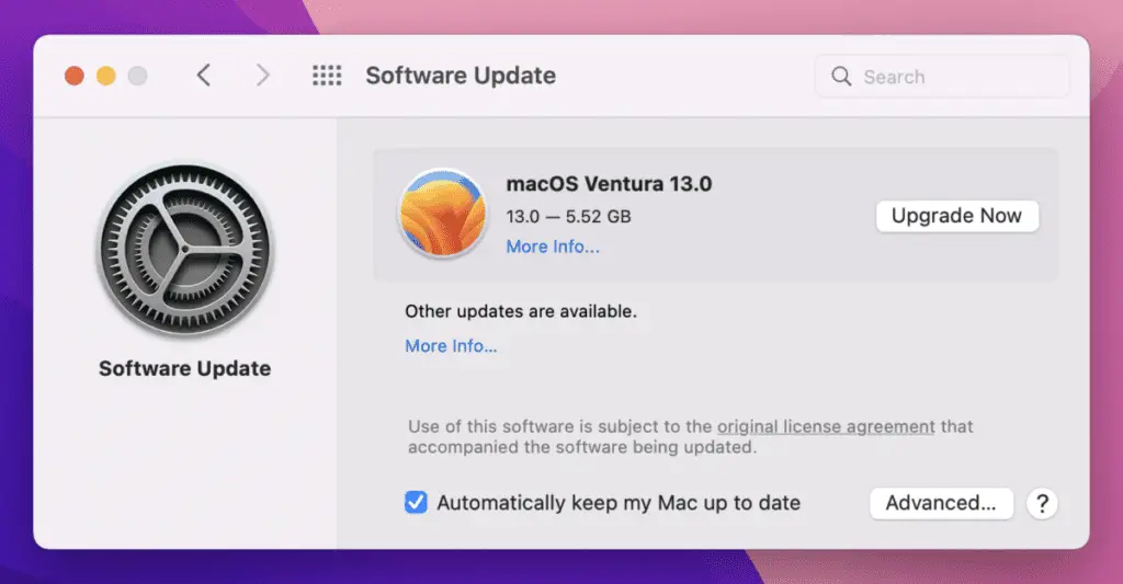 Macbook Software Update page