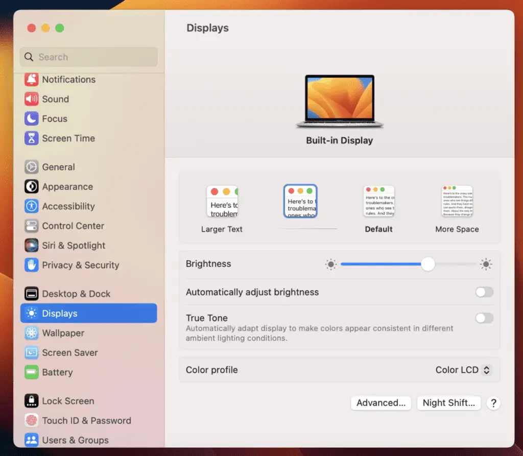 Mac display settings