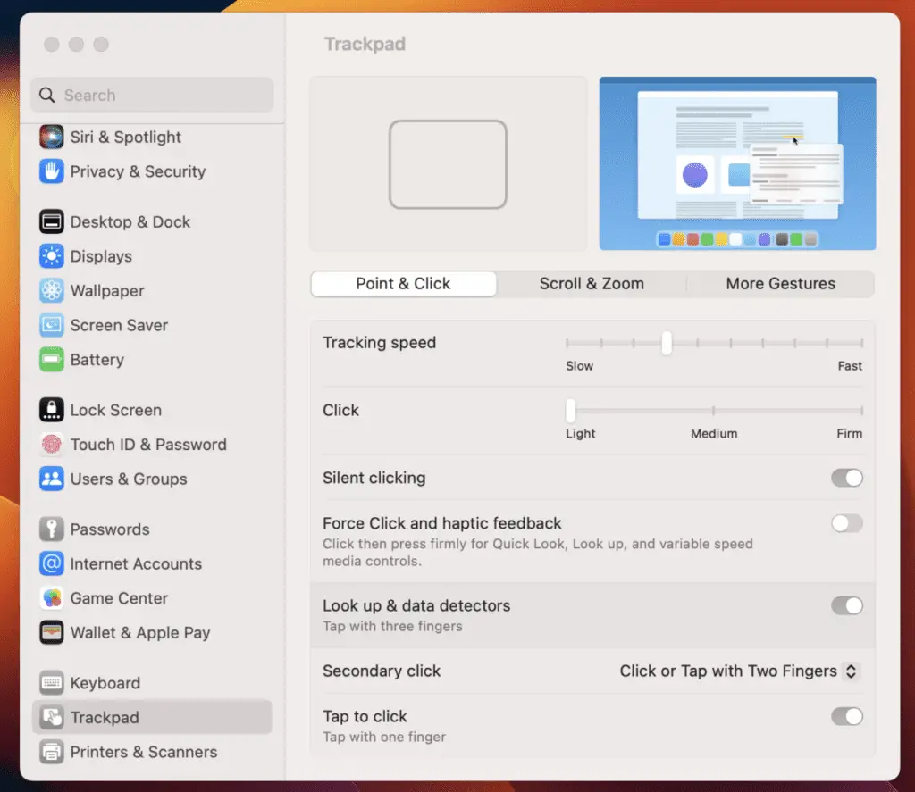 Mac trackpad settings