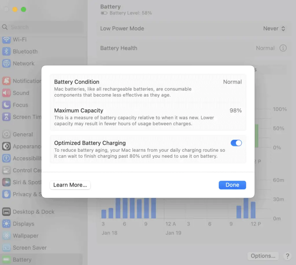 Battery settings page on System Settings on Mac