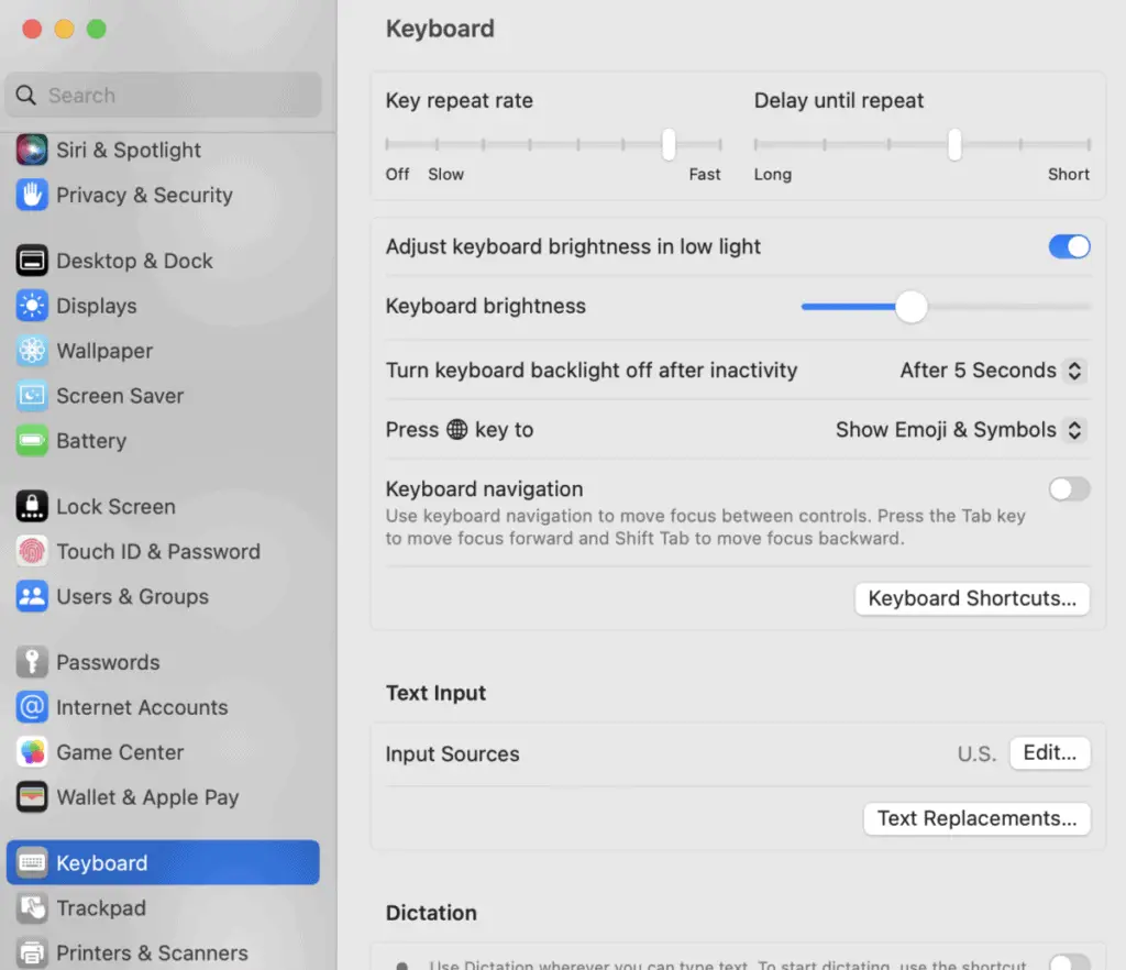 Screenshot of the Keyboard settings on Macs