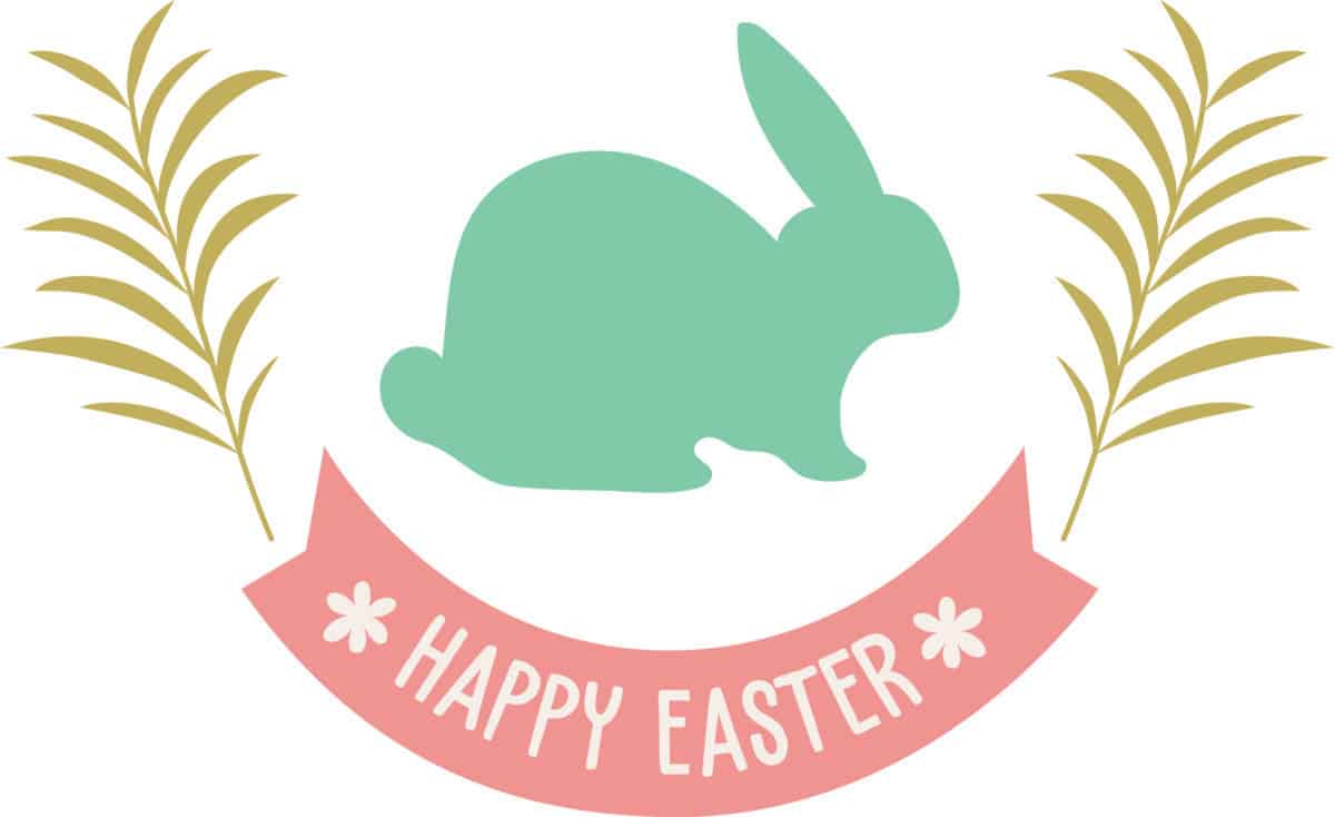 A green bunny with a banner that says "Happy Easter"