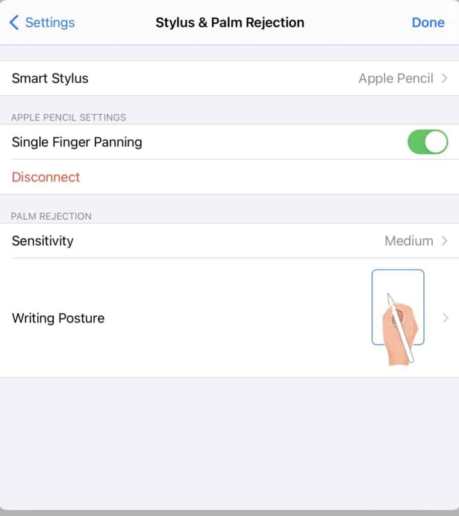 GoodNotes Stylus and Palm Rejection settings page